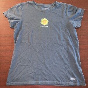 Life Is Good Blue Tee with Sunflower Graphic